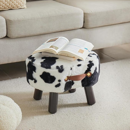 Small Footstool with Handle, Faux Fur Ottoman Foot Rest with Padded Seat, Curved Foot Stool with Wooden Legs, Portable Foot Rest for Living Room, Bedroom, Entryway, Cow