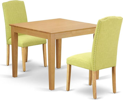 East West Furniture OXEN3-OAK-07 3 Piece Dining Table Set for Small Spaces Contains a Square Dining Room Table and 2 Limelight Linen Fabric Parsons Chairs, 36x36 Inch, Oak