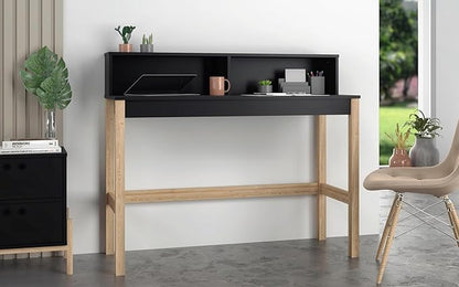 Manhattan Comfort Bowery 47 Inch Mid Century Modern Home Office Desk, Study Table or Entryway Furniture with 2 Cubbies and Rustic Wood Base, 24 inch, Black/Oak