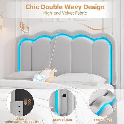 Queen Upholstered LED Bed Frame with 2 Storage Drawers and Adjustable Chic Double Wavy Headboard, Velvet Prince Platform Bed with Charing Station, Solid Wood Slats Support,No Box Spring Needed,Grey
