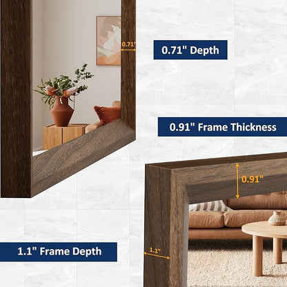 WEER Walnut Framed Mirror for Bathroom, 36x30 Inch Wall Mounted Mirror, Wood Grain Framed Vanity Mirror, Farmhouse Bathroom Mirror, Tempered Glass, Vertically or Horizontally, Anti-Rust