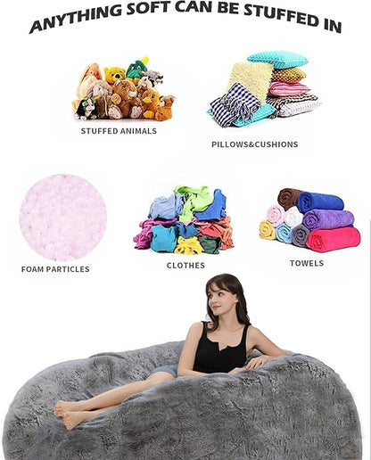 Bean Bag Chairs for Kids Comfy Fluffy Big Bean Bag Chair Cover Without Filler Round Sofa Chairs for Bedroom Living Room Decor, 5FT, Silver Pink