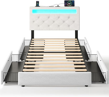 Rolanstar Twin Bed Frame with 4 Storage Drawers and Charging Station,Twin Bed with Led Lights, 2 USB & 1 Type C, Adjustable Headboard 38.9/40.8 Inches, No Box Spring Needed, White