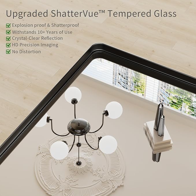 Koonmi Black Bathroom Mirror for Wall, 30x40 Inch Matte Metal Deep Framed Rounded Corner Wall Mirror, Shatterproof Tempered Glass for Farmhouse Bedroom Entryway, Vertically or Horizontally