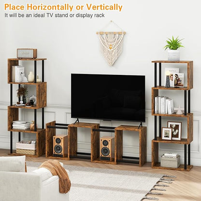 IBUYKE 5-Tier Tall Bookshelf,S-Shaped Geometric Bookcase, Wood Display Shelves with Storage,Industrial Bookshelf for Living Room Bedroom, Home Office, Rustic Brown WBC015H