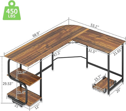 Teraves Reversible L Shaped Desk with Large Surface, 69 Inch Sturdy Corner Desk with Storage Shelves, Premium Office Computer Desk Workstation for Home Office Gaming