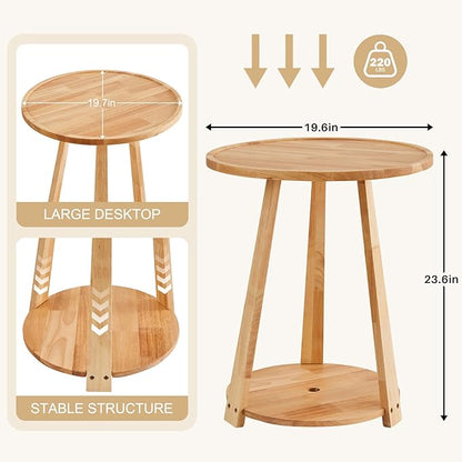 Uniclinens Round End Table, Solid Wood Round Side Coffee Table, Small Bedside Nightstand for Living Room Bedroom, Natural