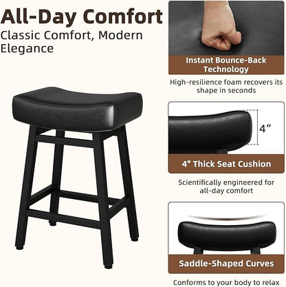 Counter Height Bar Stools Set of 6, 24 Inch Backless BarStools for Kitchen Island Leather Saddle Bar Chairs Kitchen Stools with 4" Thick Seats & Heavy Duty Metal Base, Black