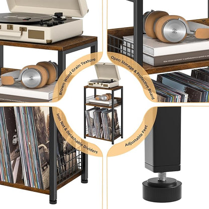 LELELINKY End Table with Storage, Brown Nightstand for Small Spaces,3 Tier Record Player Stand with Vinyl Storage Shelf, Sofa Couch Side Tables for Living Room Bedroom