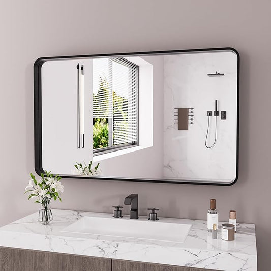 Black Bathroom Mirror 55X36 Inch, Black Metal Framed Mirror for Wall, Rounded Rectangle Matte Bathroom Vanity Mirror with Tempered Glass, Anti-Rust, Horizontal/Vertical