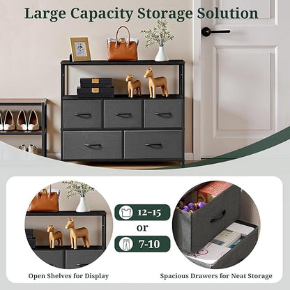 TV Stand, 5 Fabric Drawers Dresser Entertainment Center for TV up to 45 inch Wooden Media Console Table Storage Organizer with Open Shelf, for Living Room, Bedroom, or Small Space, Gray