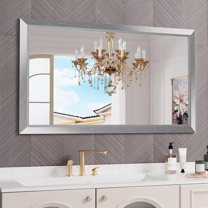 Amorho 50 X30 Inch Bathroom Mirror Silver, Thick Metal Framed Wall Mirrors for Over Sink, Brushed Nickel Mirror Perfect for Bedroom, Living Room, Entryway, Rectangle (Horizontal/Vertical).