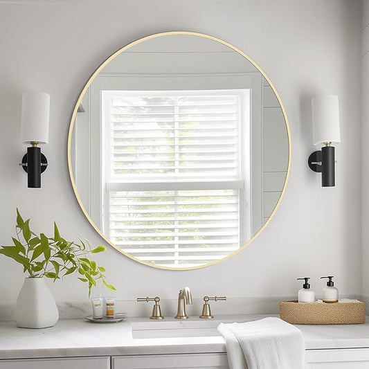 HOMECOOKIN Round Wall Mirror 28" Gold Circle Mirror for Bathroom with Metal Framed, Round Gold Mirror for Wall Decor, Vanity, Entryway Living Room