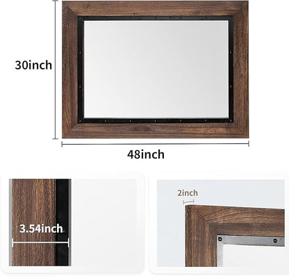 YOSHOOT Rustic Wooden Framed Wall Mirror, 48"x30", Natural Wood and Iron Bathroom Vanity Mirror for Farmhouse Decor, Vertical or Horizontal Hanging