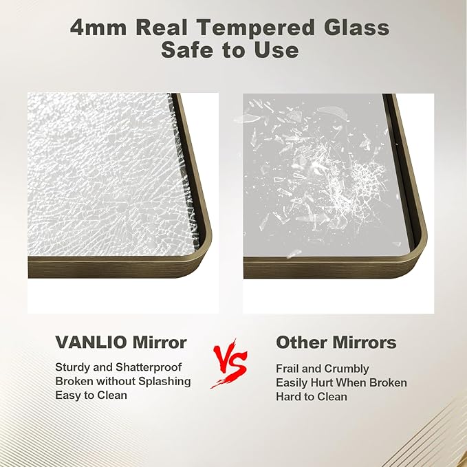 24x36 Inch Bronze Framed Bathroom Mirror, Rectangle Brushed Bronze Metal Vanity Mirror, Small Modern Wall Mirror, Rounded Corner, Tempered Glass, Anti-Rust, Shatterproof (Horizontal/Vertical)