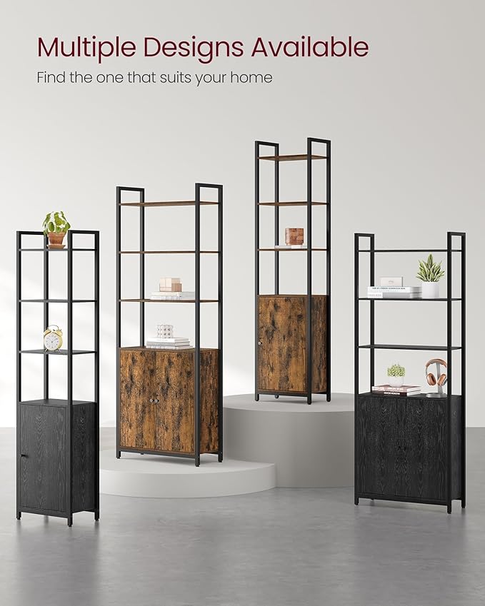 VASAGLE 6-Tier Bookshelf, Tall Bookcase with Cabinet, Steel Frame, Adjustable Shelves, 9.4 x 15.7 x 62.8 Inches, Living Room Bedroom, Ebony Black and Ink Black ULLS132B01