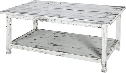 Country Cottage 42-Inch Farmhouse Coffee Table with Storage Shelf and White Antique Finish for Living Room or Family Room by Alaterre Furniture