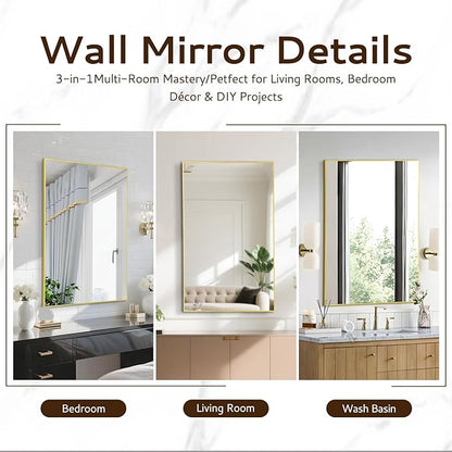 Bathroom Mirror 24"x36", Gold Vanity Mirror with Brushed Metal Frame & Tempered Glass, Rectangle Wall Mirror Mounted, Rust-Resistant for Bedroom, Entryway and Living Room Decor