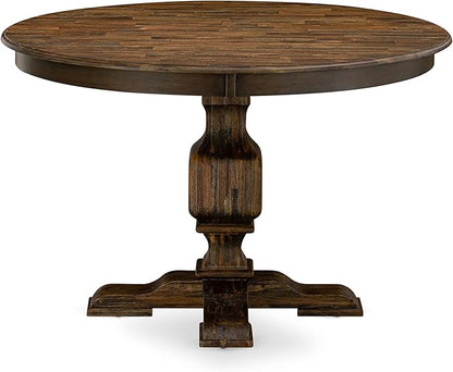 East West Furniture F3EL5-718 5 Piece Modern Dining Table Set Includes a Round Wooden Table with Pedestal and 4 Brown Linen Linen Fabric Parsons Dining Chairs, 48x48 Inch, Distressed Jacobean