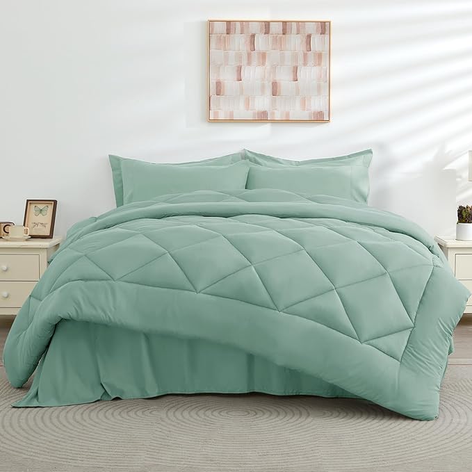HEVUMYI Sage Green Twin-XL Comforter Set - 5-Piece All Season Bed in a Bag Twin-XL, Ultra Soft Bedding Set with Comforter, Flat Sheet, Fitted Sheet, Pillowcases, Pillow Shams, Sage Green