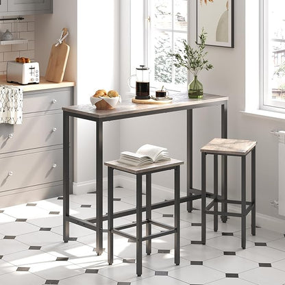 HOOBRO Bar Table and Chairs Set, 47.2” Rectangular Pub Table with 2 Stools for Small Space, High Top Table, 3-Piece Breakfast Table Set, Sturdy Metal Frame, Easy to Assemble, Greige BG52BT01