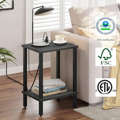 TUTOTAK End Table with Charging Station, Small Side Table with Outlets, Nightstand Bedside Table, 2-Tier Storage Shelf for Small Space, Living Room, Bedroom, Charcoal Grey TB01BY040