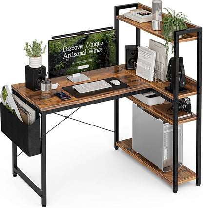 40 Inch L Shaped Computer Desk with Reversible Storage Shelves, Home Office Corner Desk Study Writing Table with Hutch, Study, Rustic Brown