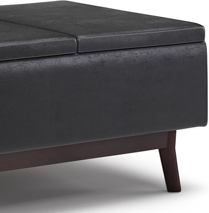 SIMPLIHOME Owen 34 inch Wide Mid Century Modern Rectangle Tray Top Small Coffee Table Storage Ottoman in Distressed Black Vegan Faux Leather, Assembled, for the Living Room, Entryway and Family Room