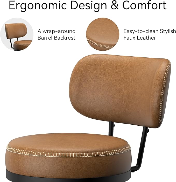Counter Height Bar Stools, 26" H Swivel Barstools Set of 8, Faux Leather Kitchen Counter Stools with Back and Stylish Stitching, Metal Frame, Pub, Home Bar, Whisky Brown