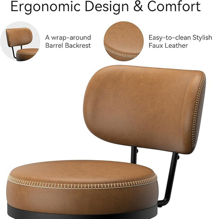 Counter Height Bar Stools, 26" H Swivel Barstools Set of 8, Faux Leather Kitchen Counter Stools with Back and Stylish Stitching, Metal Frame, Pub, Home Bar, Whisky Brown