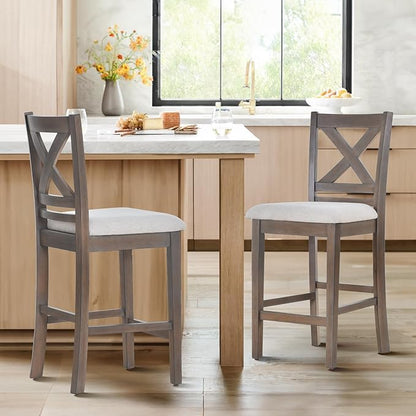 COLAMY Wooden Bar Stools Set of 2, Counter Height Bar Stools, Mid Century Modern Bar Stools with Backs, 25 Inch Upholstered Fabric Wooden Barstools for Kitchen Island Dining Room Bar, Light Brown Wash