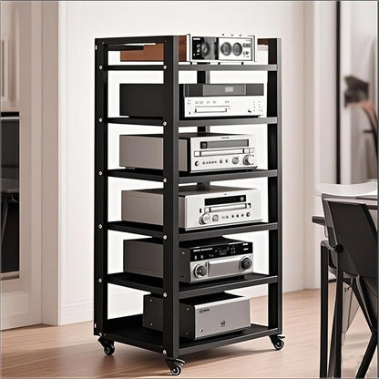 6 Tier Audio Rack Tower, CD Record Player Stereo Receiver AV Equipment Cabinet Display Rack, Weight Capacity 661 lbs, with Adjustable Wooden Shelves for Home (BIACK, 6 Tier 47×19.7×15.7IN)