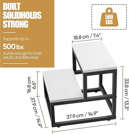 Wood and Metal 2 Step Stool for Adults & Kids – Heavy Duty Rustic Step Stools, 500 Lbs Capacity Non-Slip Stepping Stool for High Beds, Kitchen, Bathroom, Closet, Durable Foot Stool for Home Use,White
