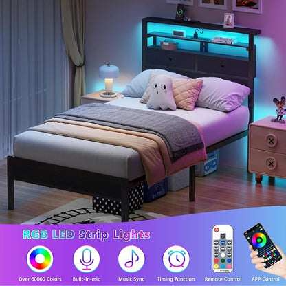 Furnulem Twin Bed Frames with Charging Station and LED Lights, Wood Headboard with 2 Fabric Drawers and Storage Shelves, Twin Size Platform Bed with Metal Slats, No Box Spring Needed, Black Oak