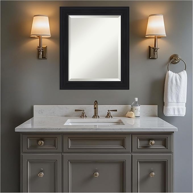 Amanti Art Black Bathroom Mirror for Over Sink, 25x21 Abbey Black Rectangle Vanity Mirror, Small Traditional Frame, Hangs Horizonally and Vertically, Bathroom Wall Decor, Beveled Edge