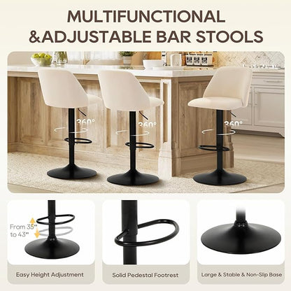 COLAMY Bar Stools Set of 6, Modern Swivel Bar Chairs, Adjustable Upholstered Barstools Counter Height with Full Backrest for Bar, Dining Room, Kitchen Island, Beige
