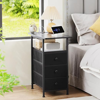 AMHANCIBLE End Tables Living Room with Charging Station, Narrow Side Table with USB Ports and Outlets, Slim Nightstand with 3 Fabric Drawers for Bedroom, Small Space, Black, HETN013BK-1