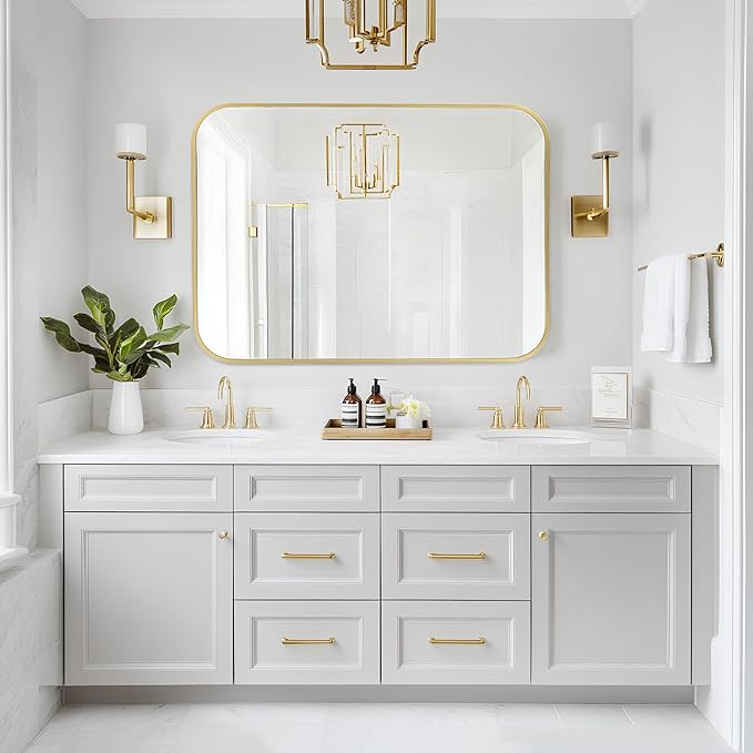 MZON 24x36 Inch Gold Bathroom Mirror – Brushed Gold Rectangular Vanity Mirror, Wall-Mounted, Anti-Rust Metal Frame, Tempered Glass, Vertical & Horizontal Hanging