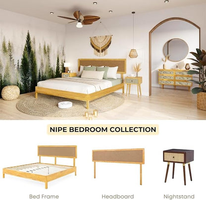 Bme Nipe 14 Inch Bohemian Bed Frame with Adjustable Woven Headboard - Rustic & Vintage Unique Style with Acacia Wood - No Box Spring Needed - Easy Assembly - Twin, Natural