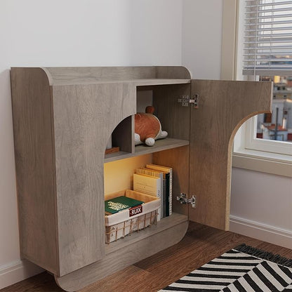 Pmnianhua Farmhouse Entryway Console Table with Storage,Modern LED Light Storage Cabinet with 3 Doors,Rounded Edges, Plywood Construction,Accent Sideboard for Living Room,Hallway,Bedroom(Grey)