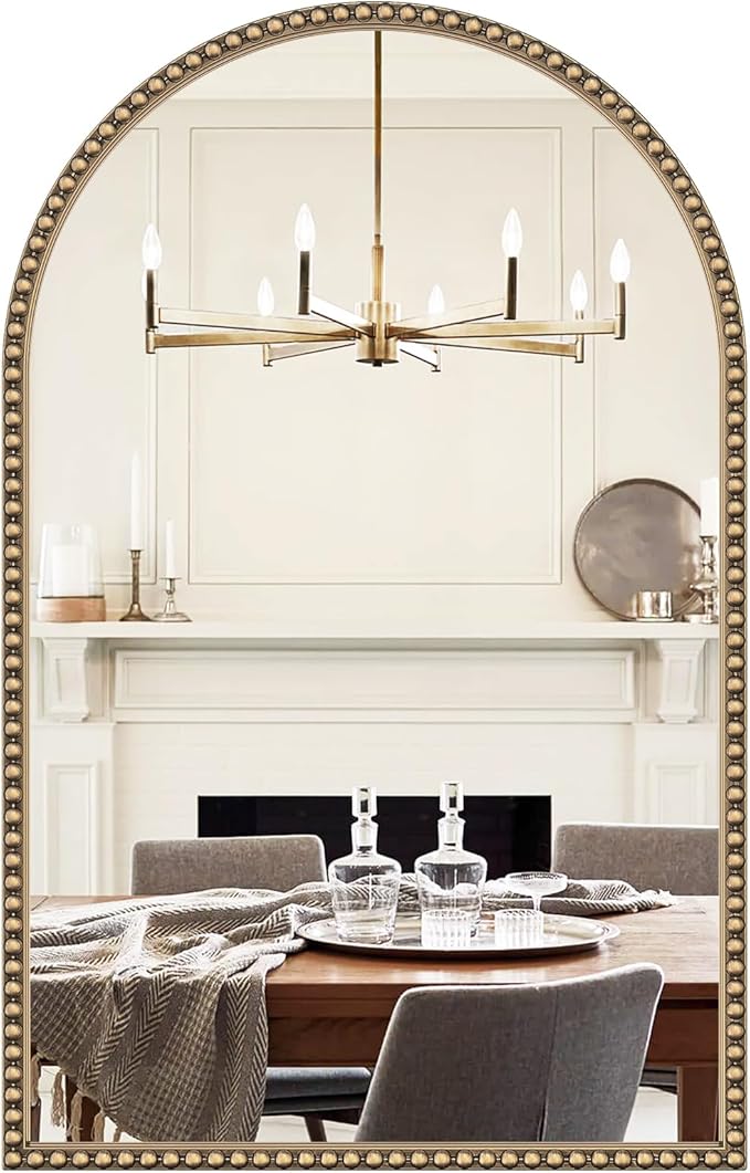 Beaded Arched Mirror for Wall, 24"x38" Gold Arch Bathroom Vanity Mirror, Retro Brass Metal Frame Decorative Mirror for Bedroom Dressing Room Entryway Fireplace