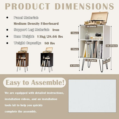Record Player Stand with Vinyl Storage, Cabinet Holds Up to 150 Albums, End Table for Turntable, Living Room, White