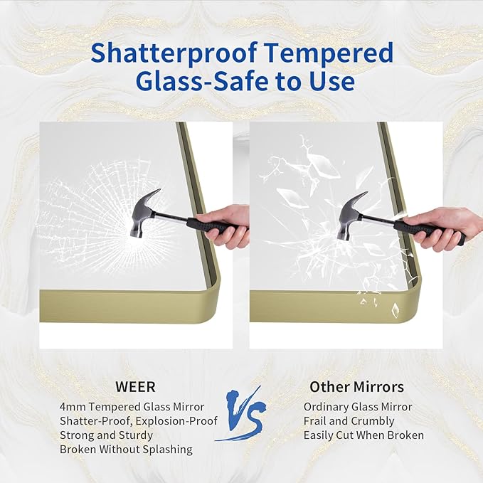WEER Gold Bathroom Mirror, 60X36 Inch Brushed Gold Metal Frame Mirror, Rounded Rectangle Gold Bathroom Vanity Mirror for Wall, Tempered Glass, Anti-Rust, Hangs Horizontally or Vertically