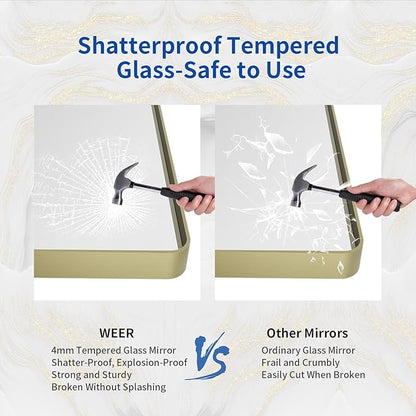 WEER Gold Bathroom Mirror, 48X30 Inch Brushed Gold Metal Frame Mirror, Rounded Rectangle Gold Bathroom Vanity Mirror for Wall, Tempered Glass, Anti-Rust, Hangs Horizontally or Vertically