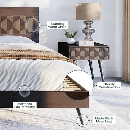 Bme Georgina Signature Bed Frame with Handcrafted Geometric Headboard, Mid Century Modern, Solid Acacia Wood, No Box Spring Needed, 12 Strong Wood Slats Support, Easy Assembly, Walnut, Queen