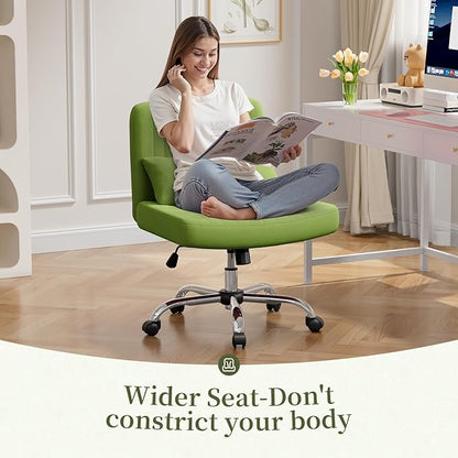 Warmiehomy Criss Cross Office Chair with Wheels, Velvet Cross-Legged Desk Chairs for Home, Height Adjustable Swivel Wide Seat Computer Chair, Morden Vanity Chair for Women, Light Green
