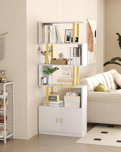 Yusong Geometric Bookcase with Cabinet, S Shaped Bookshelf 5-Tier Book Shelves for Bedroom, Modern Wood Decorative Display Shelf Tall Book Case for Home Office, Gold and White