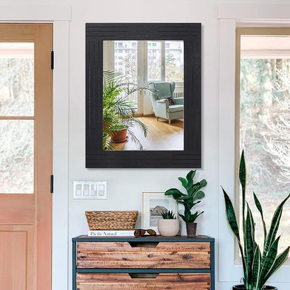Black Wall Mirror Rectangular Vintage Rustic Wood Framed Large Mirror Deco Farmhouse Living Room Bathroom Bedroom Entrance Mirror 26" x 18"
