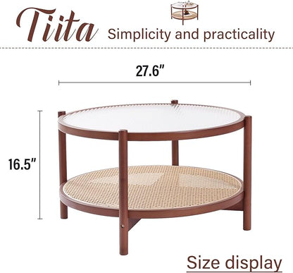 Tiita Rattan Nightstand Side Table, Bamboo Accent Bedside Tables, Glass Coffee Tables, Boho Wooden End Table with Storage for Small Space, Living Room and Bedroom
