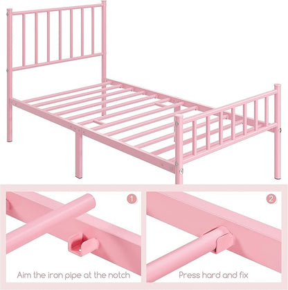 Yaheetech Twin Size Bed Frame Metal Platform Bed Frame Mattress Foundation with Spindle Headboard & Footboard/No Box Spring Needed/14 Inch Underbed Storage/Firm Support & Easy Set up Structure, Pink